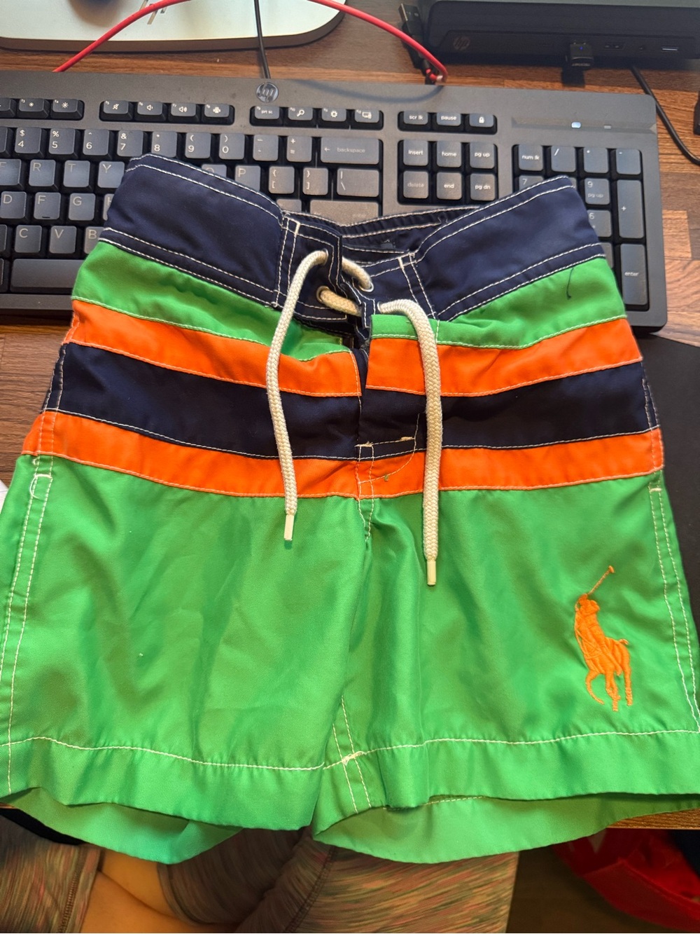 Polo by Ralph Lauren Green, Navy & Orange Striped Swim Shorts with Pony